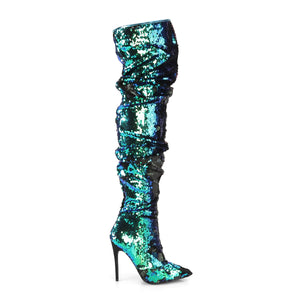 side view of green iridescent sequin thigh high boots COURTLY-3011