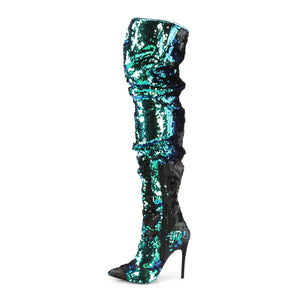 zipper on green iridescent sequin thigh high boots COURTLY-3011