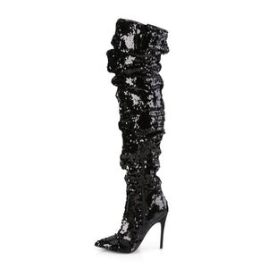 side view of black sequin thigh high boots COURTLY-3011