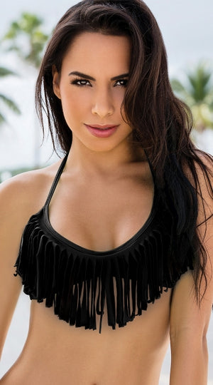 black scoop fringe bikini top