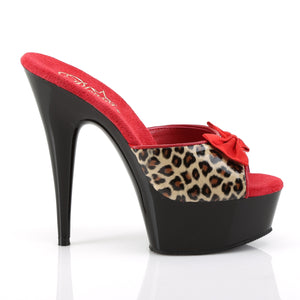 side view of leopard high heel slide shoe with platform, red bow and peep toe Delight-601-6