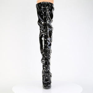 front of thigh high fetish boot with hanging chains and 6-inch stiletto heel Domina-3027