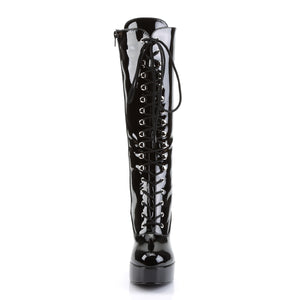 front of black patent lace-up knee boots with 4-inch chunky heels Exotica-2020