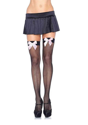 black fishnet thigh high stockings with pink bow 9018