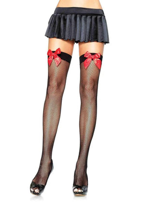 black fishnet thigh high stockings with red bow 9018