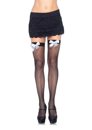 black fishnet thigh high stockings with white bow 9018