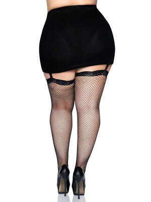 back of black plus size fishnet thigh high stockings 9027q