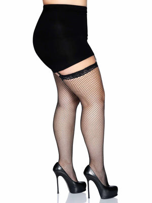 side view of black plus size fishnet thigh high stockings 9027q