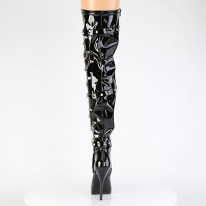 back of black fetish thigh high boots with chains with 5-inch spike heel INDULGE-3026