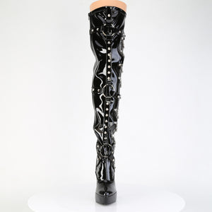 front of black fetish thigh high boots with chains with 5-inch spike heel INDULGE-3026