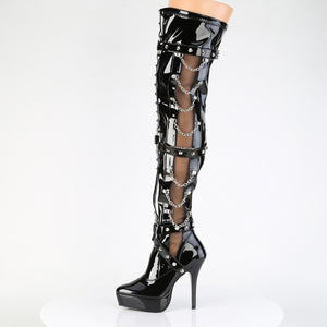 side mesh panel with chains on black fetish thigh high boots  with 5-inch spike heel INDULGE-3026