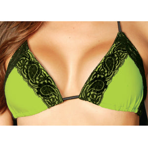 lime green bikini top with black lace trim LT