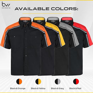 orange, yellow, grey and red on black mechanic work shirts WSM-BKYE