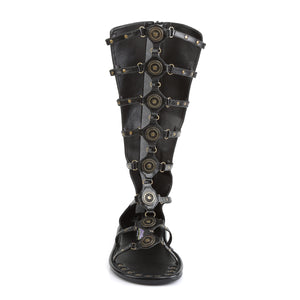 front of black Roman gladiator sandal with gold embellishments, historical costume shoes Roman-15