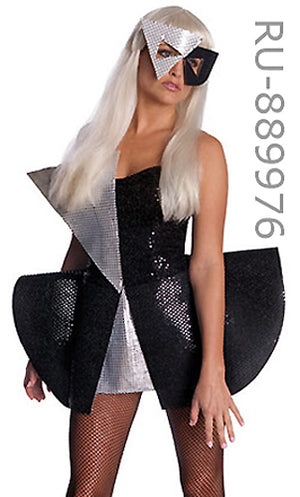 close up of black sequin and silver 2-pc. Lady Gaga costume sparkling angular dress and mask 889976