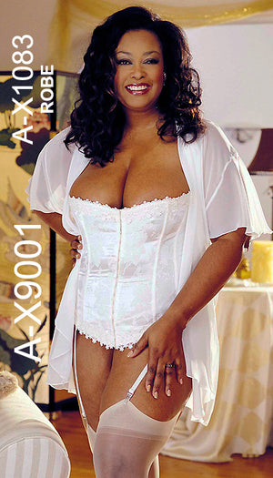 plus size white brocade bustier and panty set with thigh high stockings X9001