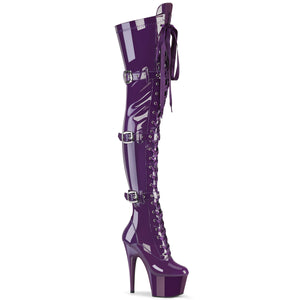 purple patent leather platform thigh high boots with 7-inch heels, buckles, lace-up, zipper. Adore-3028