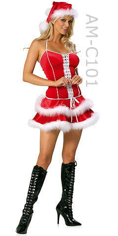 lace-up front red Santa mini-dress Christmas costume C101