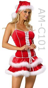 close up of lace-up front red Santa mini-dress Christmas costume C101