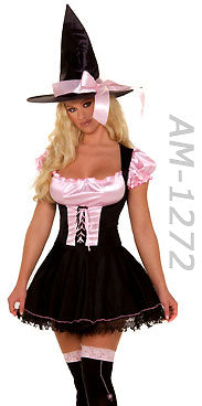 close up of pink and black 2-pc. Halloween witch costume includes hat 1272