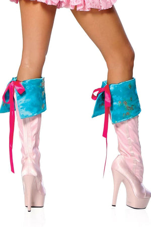 Blue brocade pirate boot cuffs with pink ribbon accents 1429B