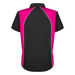 back of women’s mechanic work shirt in black and fuchsia pink MWS-W-FU