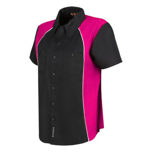 front of women’s mechanic work shirt in black and fuchsia pink MWS-W-FU