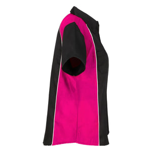 side view of women’s mechanic work shirt in black and fuchsia pink MWS-W-FU