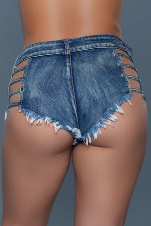 rear view of denim front and side cut-out Daisy Duke shorts J32