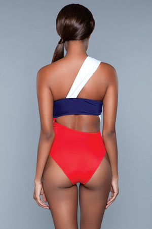 back view of red, white and blue Fourth of July one-piece swimsuit Kennedy 1973