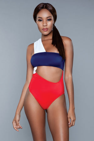 Red, white and blue one-piece swimsuit Kennedy 1973