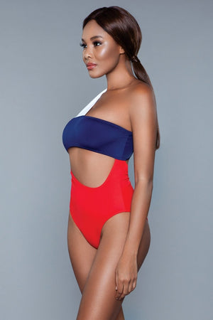 side view of red, white and blue patriotic one-piece swimsuit Kennedy 1973