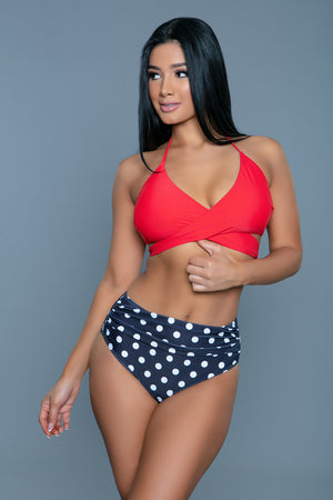 red, white and blue high-waisted bikini with full coverage back 2280