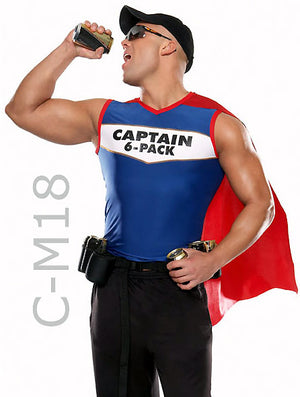 Captain 6-Pack men's superhero costume with red cape M18