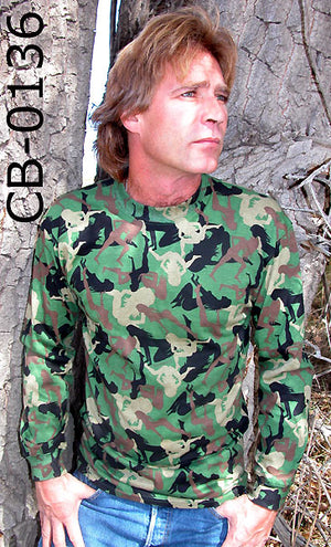 green camouflage long sleeve T-shirt with Female Silhouette pattern of varied female silhouettes in a clever and subtle design 136