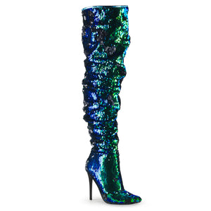 green iridescent sequin thigh high boots COURTLY-3011