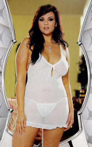Open back white plus size babydoll with ruffles and pearl trim, with thong. 4338X