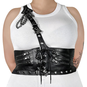 Plus Size black faux leather waist harness w/ adjustable shoulder and waist buckle straps DA-105