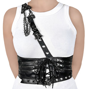 Black faux leather waist harness w/ adjustable shoulder and waist buckle straps DA-105