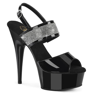 black platform sling back ankle strap high heel sandals with Rhinestone on the adjustable instep strap. DELIGHT-639