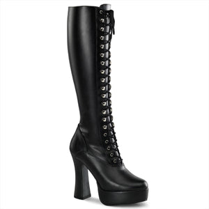 black faux leather platform lace-up knee boots with 5-inch chunky heel ELECTRA-2023