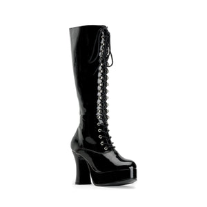 black patent lace-up knee boots with 4-inch chunky heels Exotica-2020