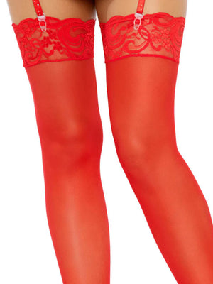 close up of red lace top sheer thigh high stockings 1011