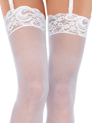 closeup of white lace top sheer thigh high stockings 1011