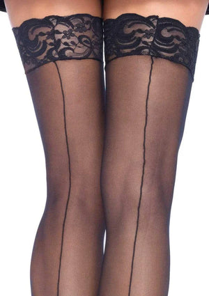 close up of black sheer thigh high stockings with lace tops 1101