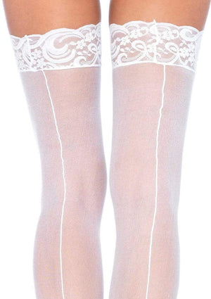 close up of white sheer thigh high stockings with lace tops 1101