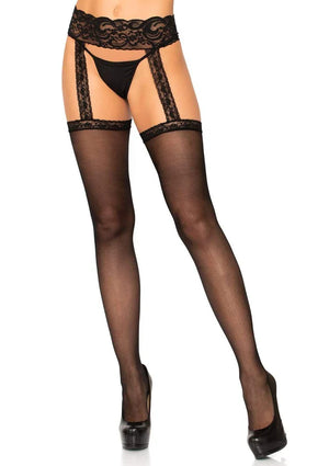 black sheer thigh high stockings with backseam and attached wide lace garter belt 1767