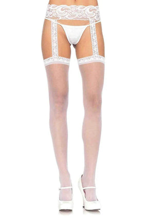 white sheer thigh high stockings with backseam and attached wide lace garter belt 1767