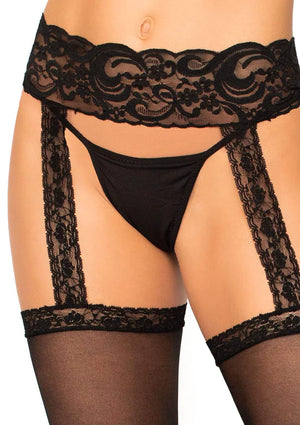 close up of black sheer thigh high stockings with backseam and attached wide lace garter belt 1767