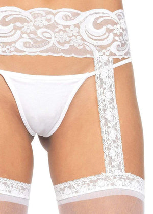 close up of white stockings with attached wide lace garter belt 1767